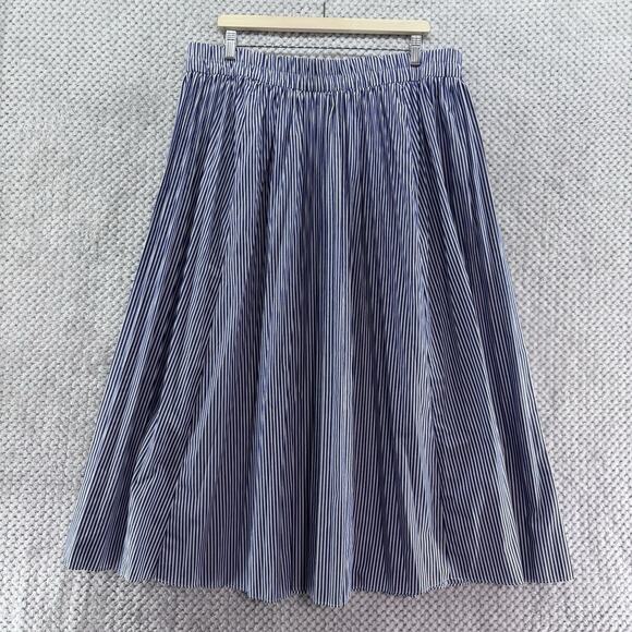 J CREW Skirt Womens XXL White Blue Striped Cotton Blend Pleated Midi PullOn - Picture 1 of 9